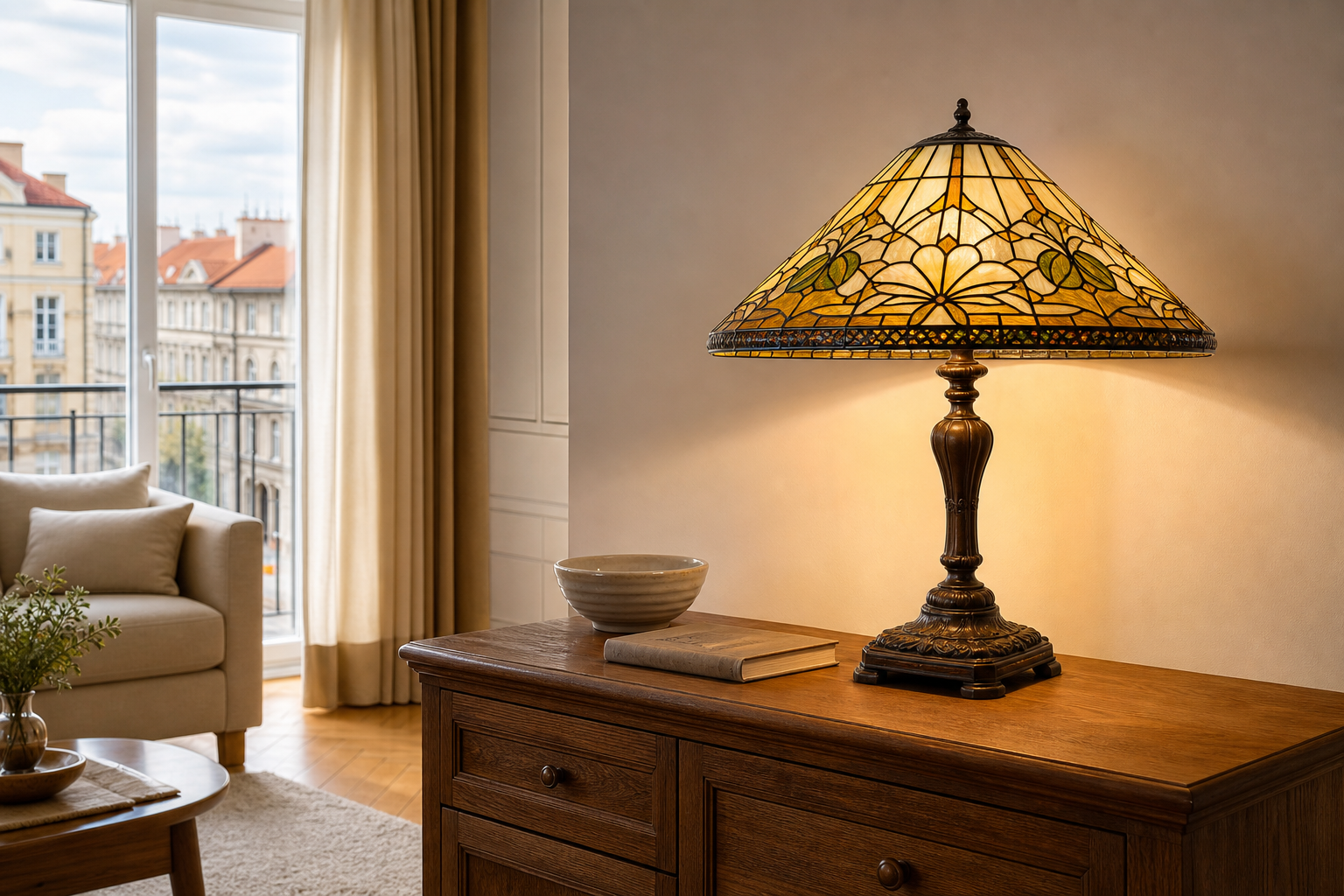 Duża lampa stołowa Tiffany na komodzie: jak dobrać klosz, który robi wrażenie