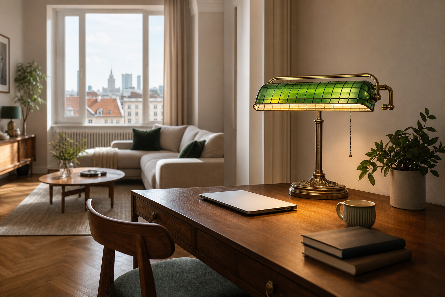 Lampa bankierska Tiffany w salonie: zielony klosz przy domowym biurku