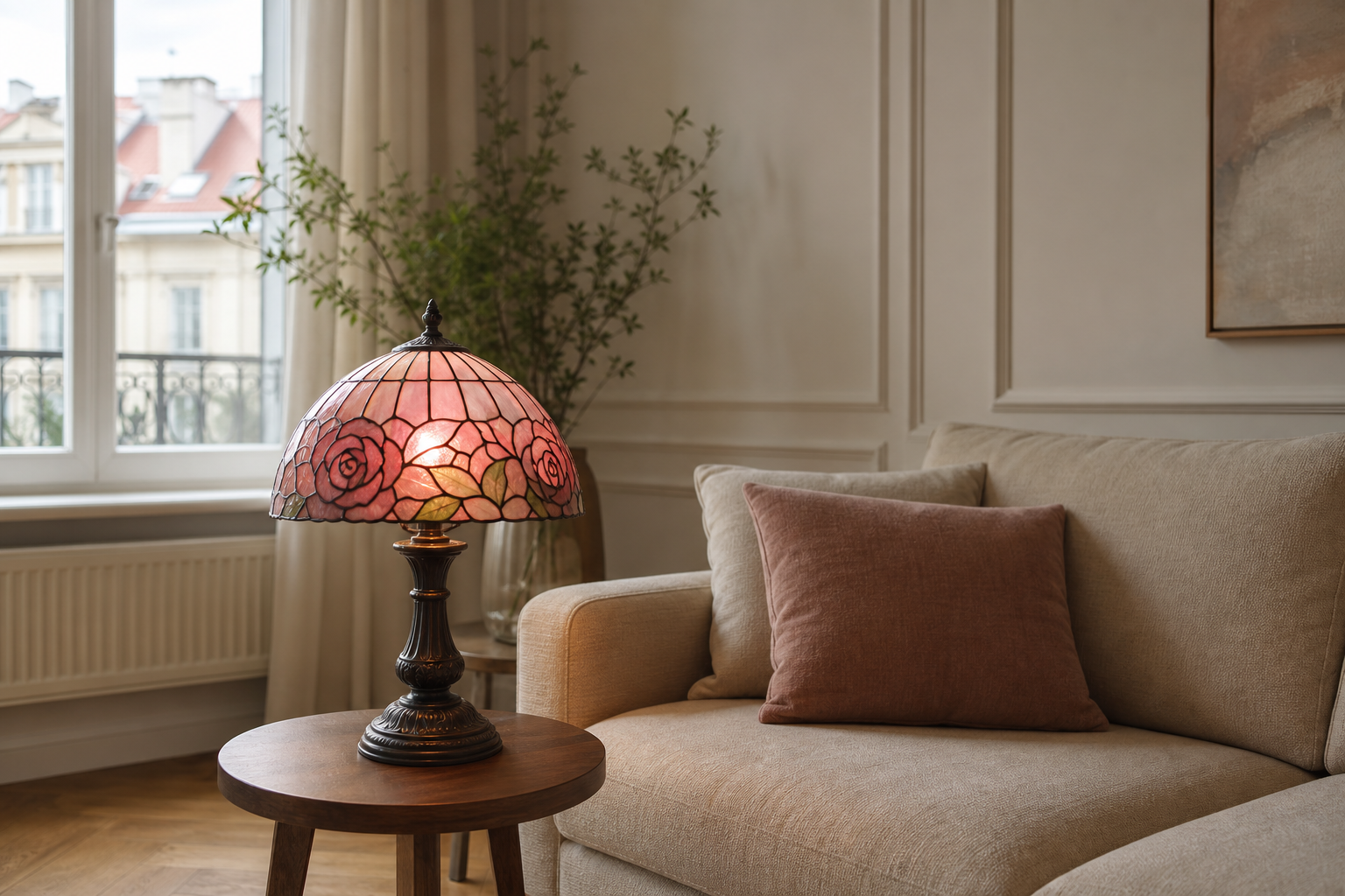 Różowa lampa Tiffany: różany klosz bez przesłodzonego efektu