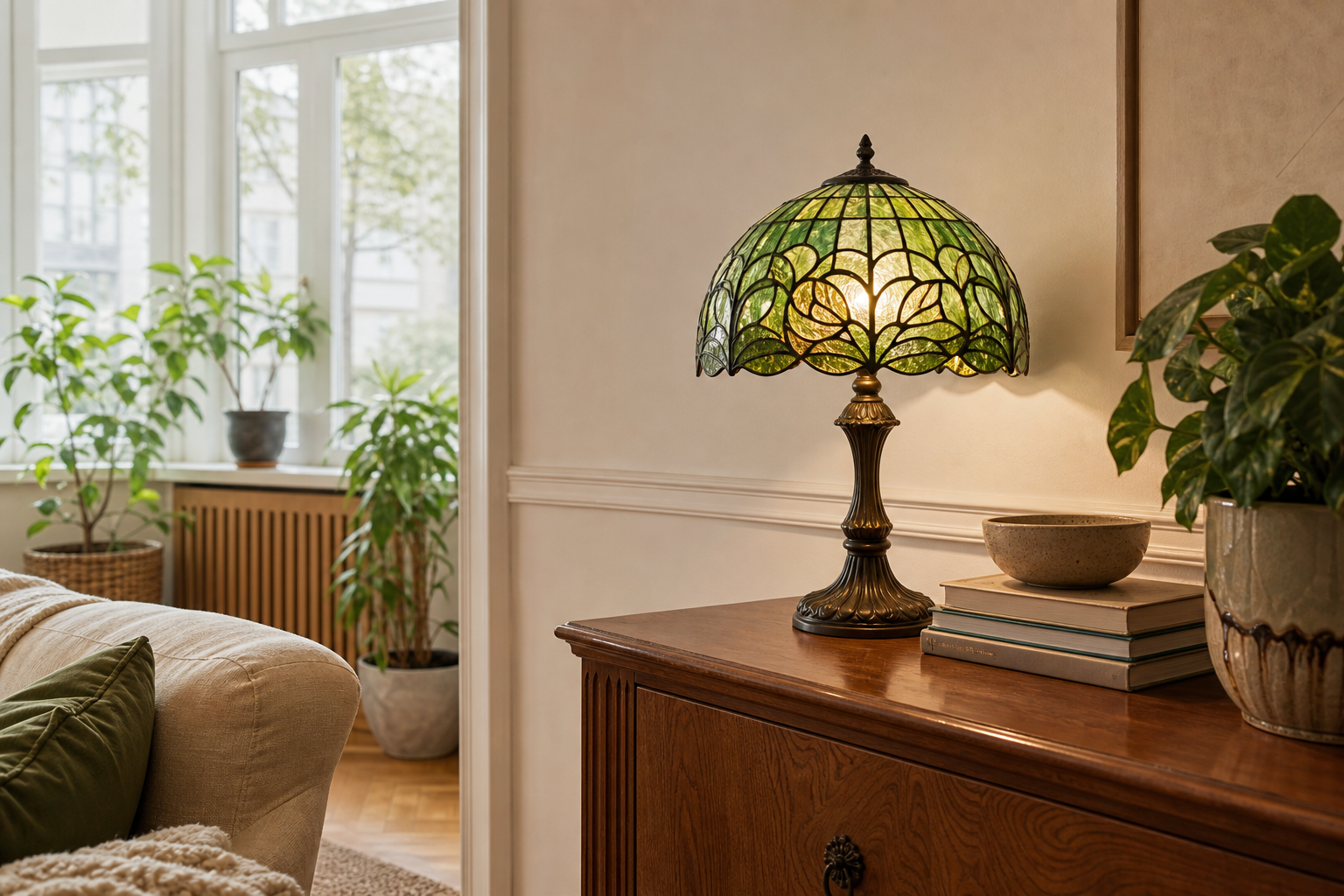 Zielona lampa Tiffany: spokojny akcent do salonu, sypialni i kącika pracy